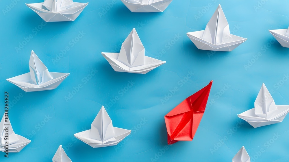 Leadership and Business Strategy Concept with White and Red Paper Ships