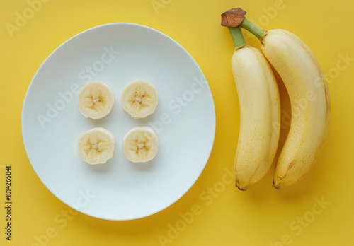 A white plate with sliced bananas on it, next to two whole yellow bananas, placed against the background of a bright and cheerful color scheme photo