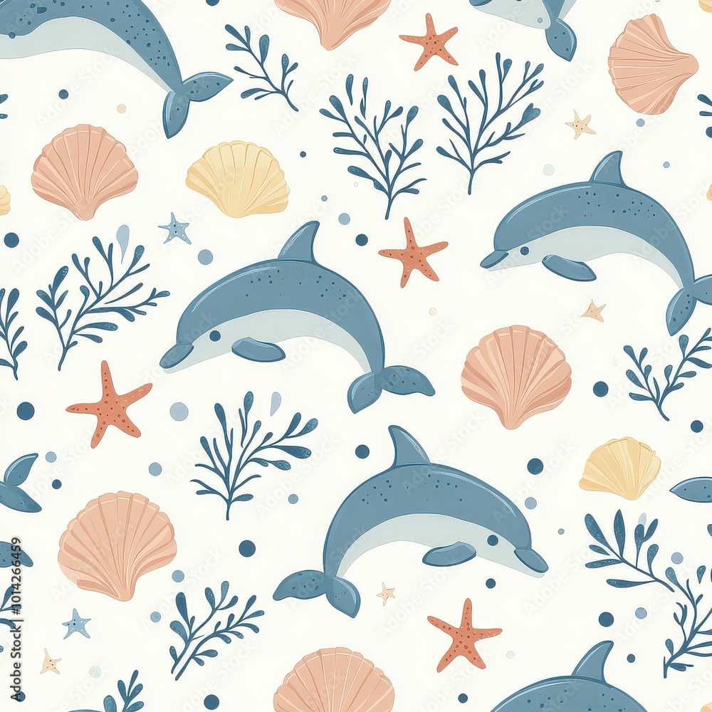 Naklejka premium Ocean themed seamless with cute, adorable, pastel colored shells, seaweed, starfish and whales