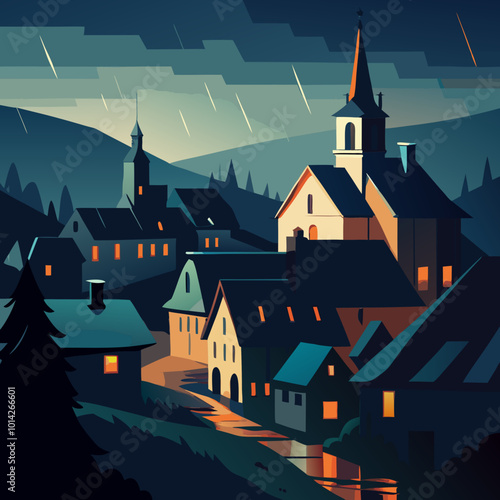Foto Salem village on a rainy dark night