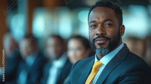 confident black businessman engaging an audience during a workshop surrounded by attentive colleagues in a bright modern conference room filled with professional decor and collaborative energy