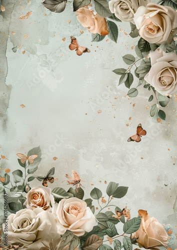 An elegant Quinceañera invitation back design with pastel roses, greenery, and golden butterflies, set against a soft gray backdrop. Perfect for a sophisticated, magical event invitation