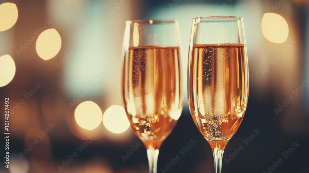 Two glasses of champagne with bokeh lights in the background. Two glasses of champagne with bokeh lights in the background.