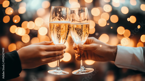 Two hands clinking champagne flutes against a bokeh background.