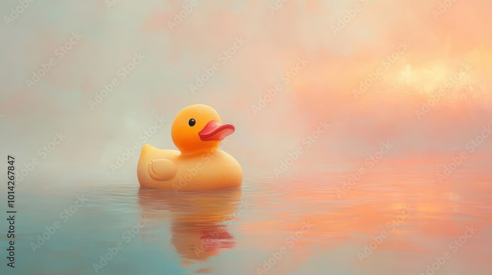 whimsical oversized rubber duck floating in ethereal misty pond soft pastel sky rippling water reflections surreal dreamlike landscape whimsical oversized rubber duck floating in ethereal misty pond soft pastel sky rippling water reflections surreal dreamlike landscape