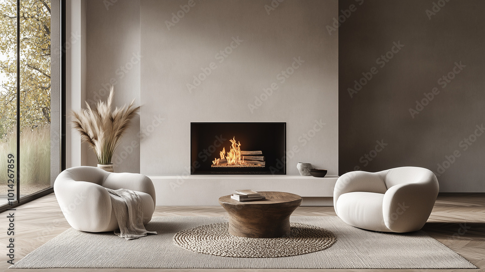 Cozy Living Room Retreat: Modern minimalist living room interior design with fireplace, armchairs, and wooden coffee table. Perfect for relaxation and comfort. Cozy Living Room Retreat: Modern minimalist living room interior design with fireplace, armchairs, and wooden coffee table. Perfect for relaxation and comfort.