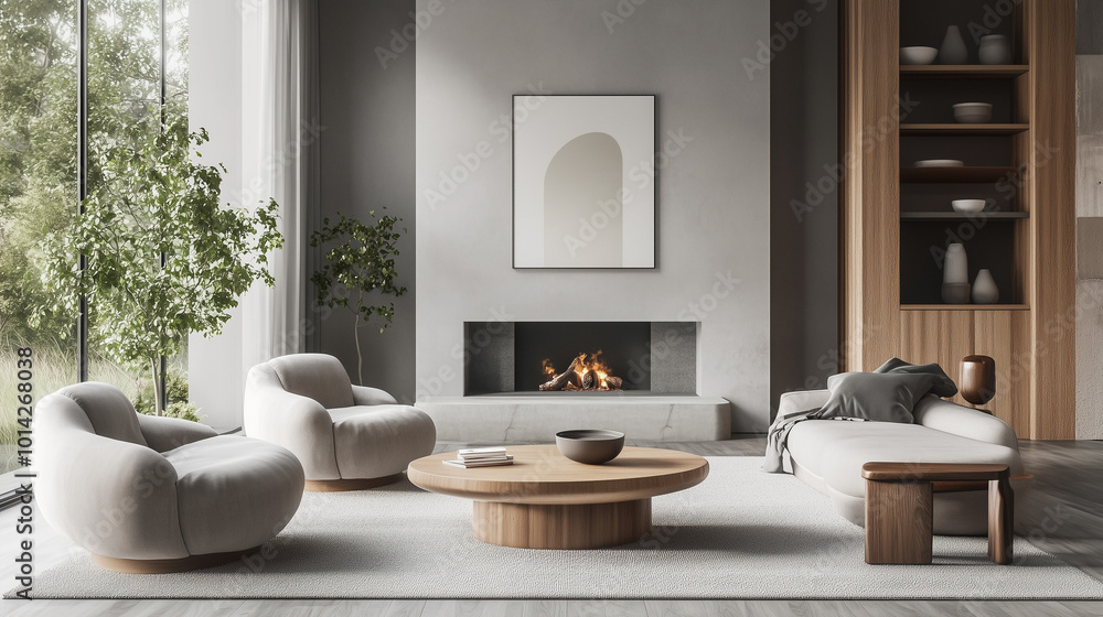 Modern Minimalist Living Room: A serene and inviting space with warm wood accents, a cozy fireplace, and a large window overlooking lush greenery. Modern Minimalist Living Room: A serene and inviting space with warm wood accents, a cozy fireplace, and a large window overlooking lush greenery.