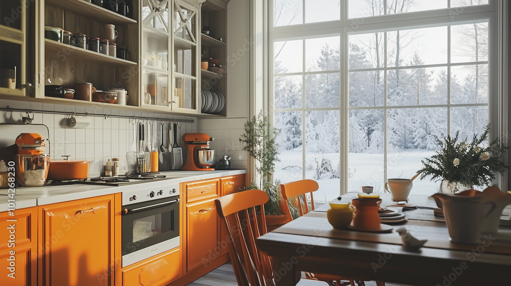 Cozy Winter Kitchen: Sunlit Orange Kitchen with Snowy View Cozy Winter Kitchen: Sunlit Orange Kitchen with Snowy View