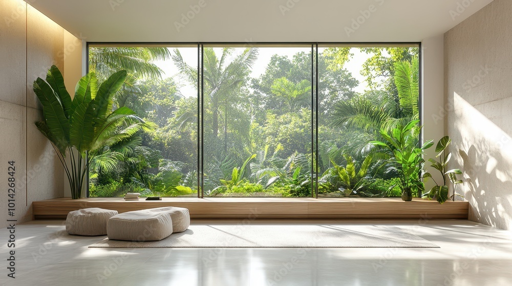 Bright and airy interior featuring large bay window with lush greenery outside. minimalist design enhances natural light, creating serene atmosphere Bright and airy interior featuring large bay window with lush greenery outside. minimalist design enhances natural light, creating serene atmosphere