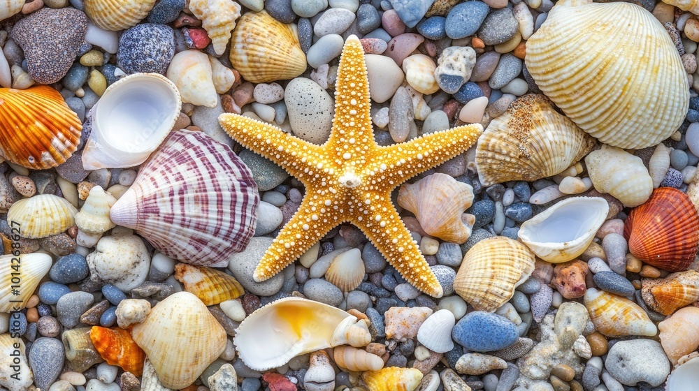 A yellow starfish rests on a bed of colorful shells and pebbles. A yellow starfish rests on a bed of colorful shells and pebbles.