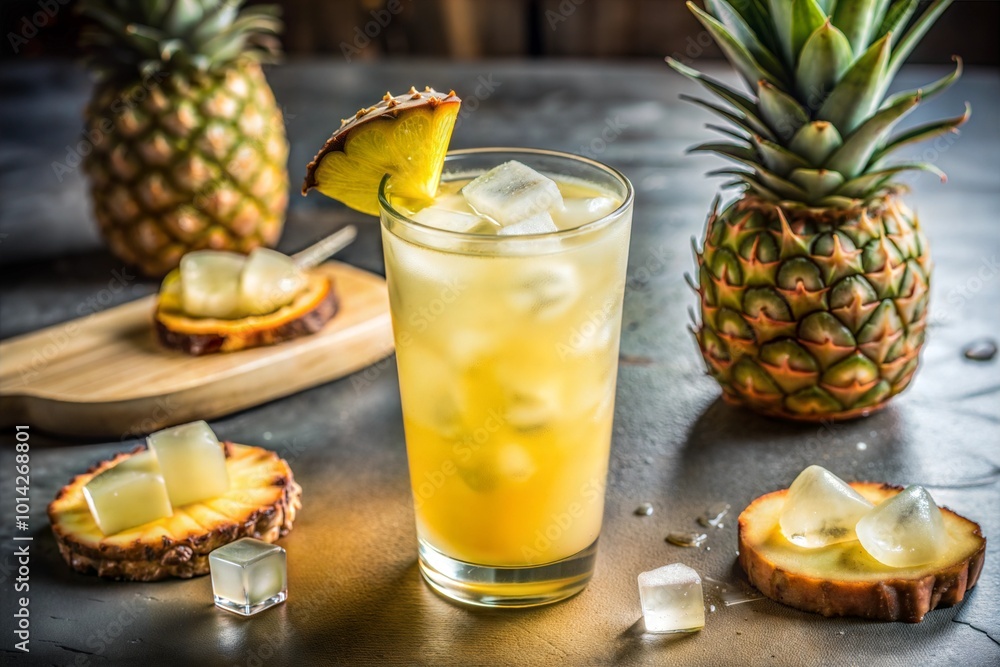 Close-up of pineapple juice cocktail with ice and pineapple slices Close-up of pineapple juice cocktail with ice and pineapple slices