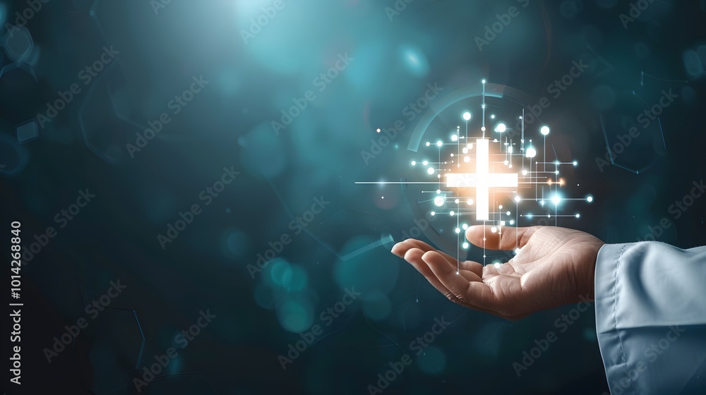 Empowering Health: Hand Holding Medical Hologram Icon for Health Insurance Empowering Health: Hand Holding Medical Hologram Icon for Health Insurance