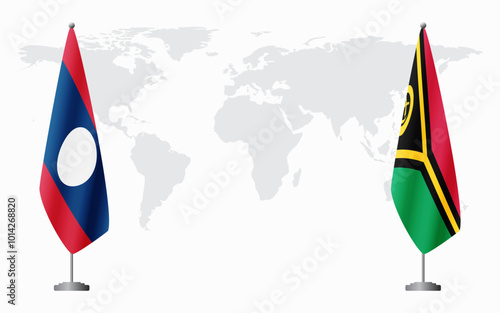 Laos and Vanuatu flags for official meeting against background of world map.