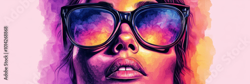 Close-up of a woman's face wearing sunglasses with a colorful sunset reflected in the lenses.