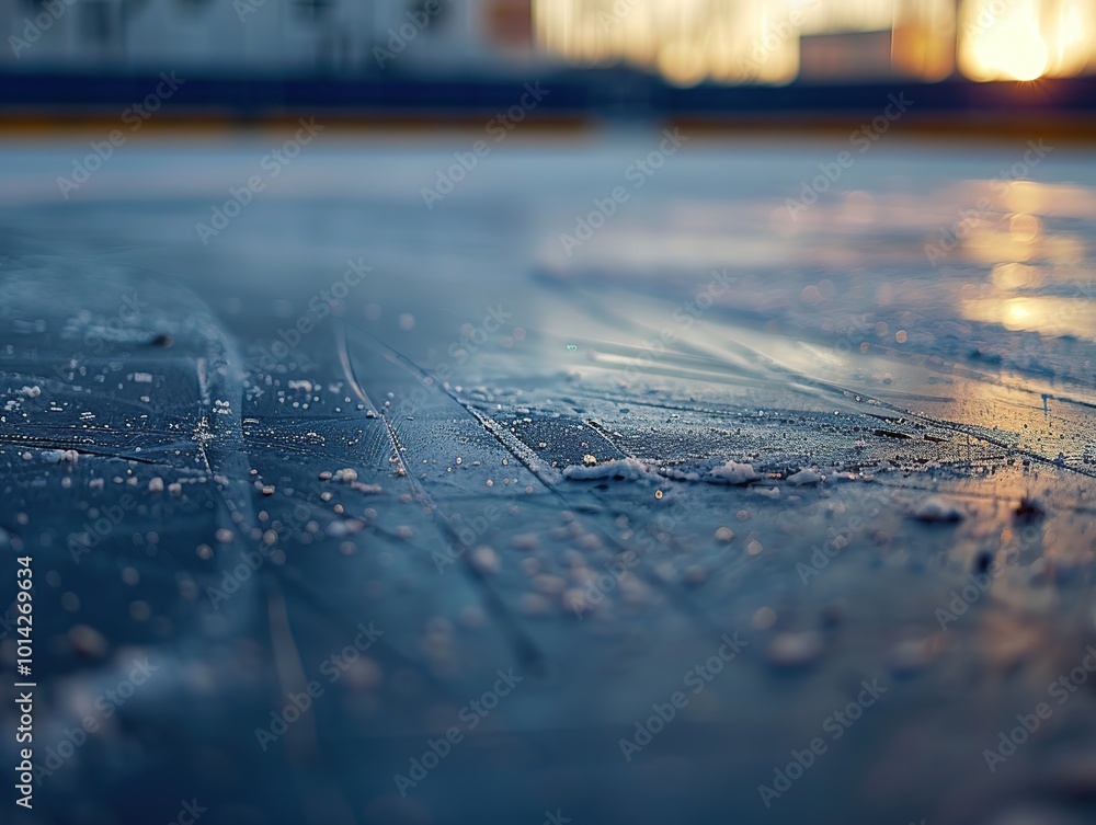 Empty hockey rink with water drops on the floor of a frozen sports hall. Abstract background Empty hockey rink with water drops on the floor of a frozen sports hall. Abstract background