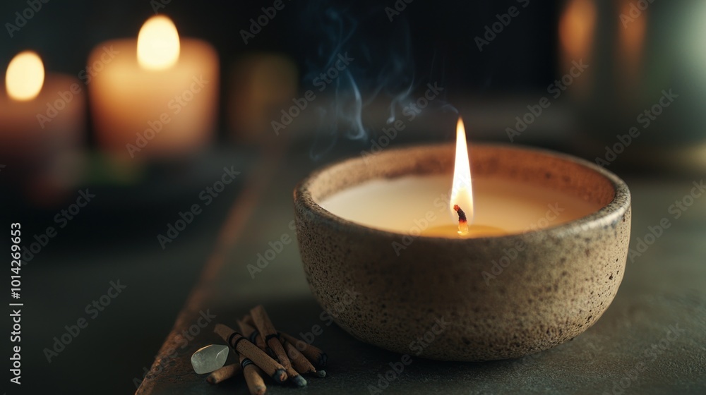 Obraz premium Serene Atmosphere with Herbal Incense, Crystals, and Candles for Relaxation and Meditation