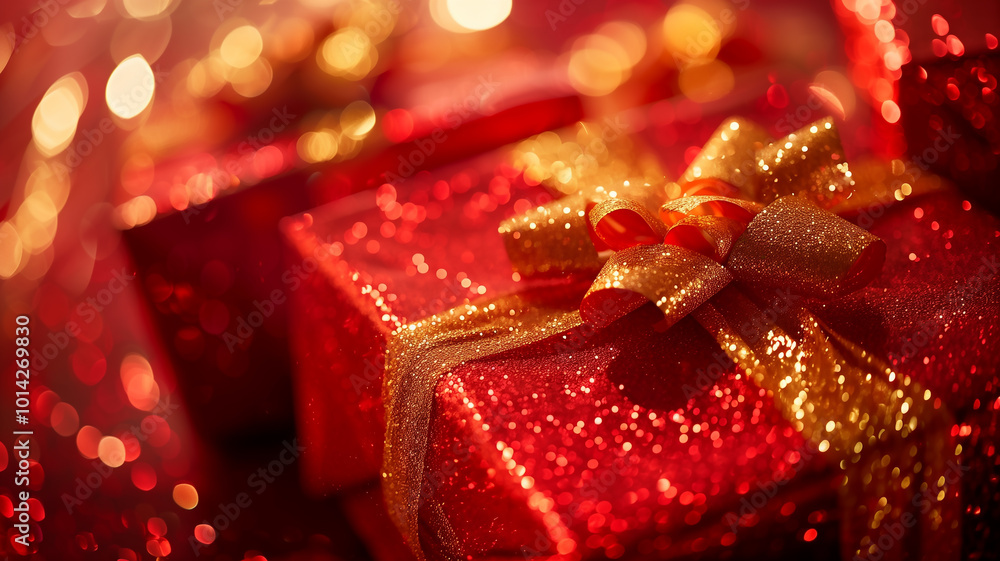 Close-up of Luxury Festive Red Gift with Gold Bow
Close-up of Luxury Festive Red Gift with Gold Bow