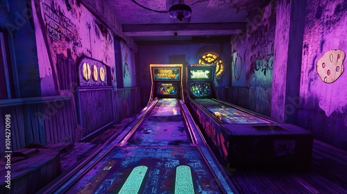 Retro Arcade Bowling Alley with Neon Lights photo