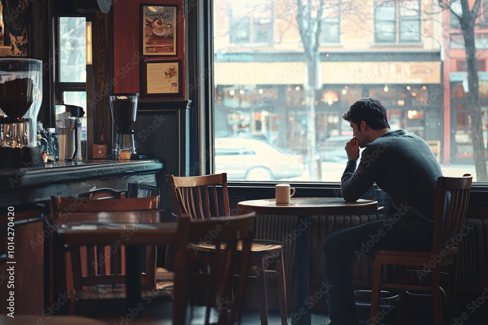 A man lounges in a snug café, lost in thought as he gazes out the window, his coffee forgotten and cooling beside him. A man lounges in a snug café, lost in thought as he gazes out the window, his coffee forgotten and cooling beside him.