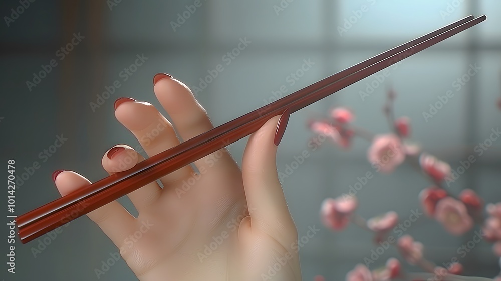 Hand holds wooden chopsticks. Hand holds wooden chopsticks.