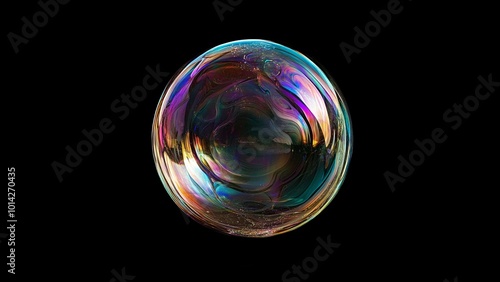 A beautiful iridescent holographic soap bubble, black background 