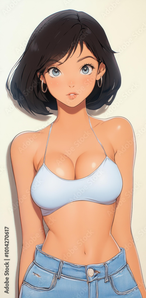 An anime girl in stylish jeans poses confidently with an intense gaze, showcasing a strong and dynamic character in high detail. An anime girl in stylish jeans poses confidently with an intense gaze, showcasing a strong and dynamic character in high detail.