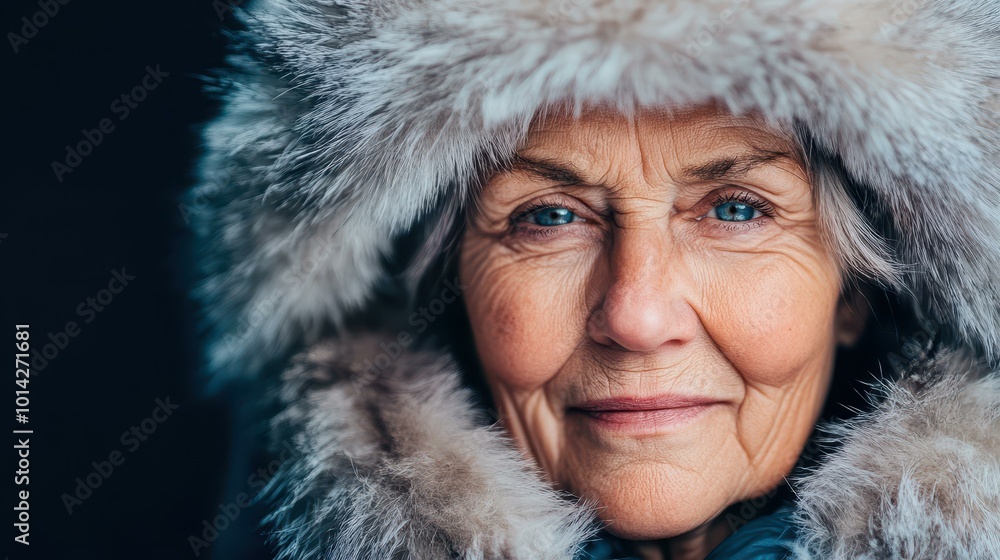An elderly woman dons a cozy fur hat and coat, adding warmth to her graceful presence against a blurred backdrop. An elderly woman dons a cozy fur hat and coat, adding warmth to her graceful presence against a blurred backdrop.