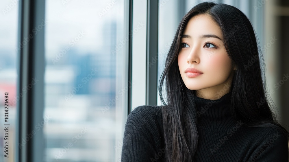 A serene scene of a Japanese woman at peace, gazing out from her cozy home by the window, embraced by soft light. A serene scene of a Japanese woman at peace, gazing out from her cozy home by the window, embraced by soft light.