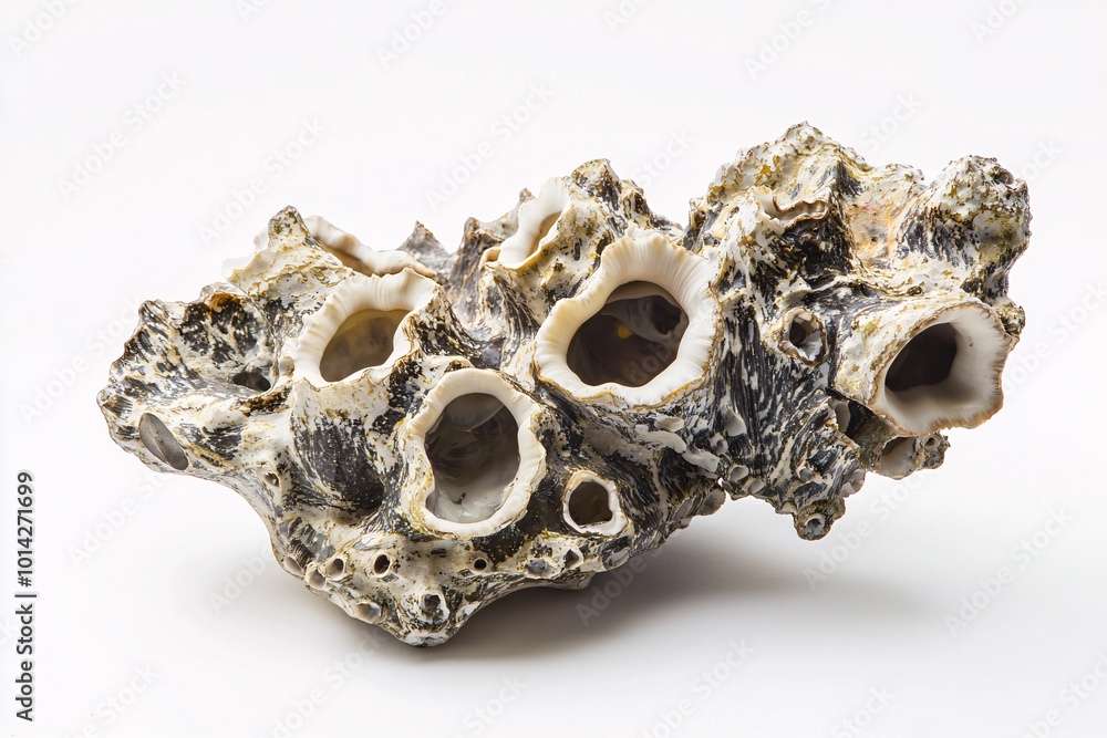 A cluster of barnacles clings to a textured surface, revealing intricate patterns and organic forms against a pristine white backdrop. A cluster of barnacles clings to a textured surface, revealing intricate patterns and organic forms against a pristine white backdrop.