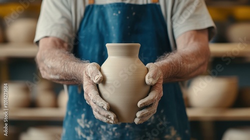 A skilled potter with wise hands shapes a stunning ceramic vase, set against a softly blurred backdrop.