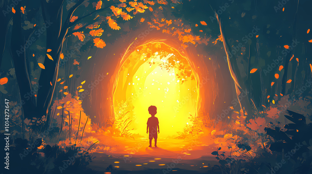Fototapeta premium Child entering a magical forest. Magical Forest Portal. Illustration