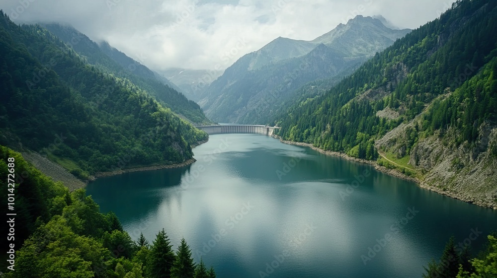 Obraz premium Serene mountain lake surrounded by lush greenery.