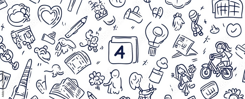 Cute doodle-style illustration with simple lines and shapes, featuring various school icons, along with children's drawings such as kids playing on playgrounds, girls holding flowers Cute doodle-style illustration with simple lines and shapes, featuring various school icons, along with children's drawings such as kids playing on playgrounds, girls holding flowers