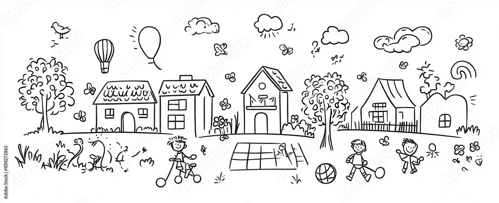 Hand-drawn doodle-style icons of a school, playground, and children playing in the park. Vector line art with a white background and black outline. Hand-drawn doodle-style icons of a school, playground, and children playing in the park. Vector line art with a white background and black outline.