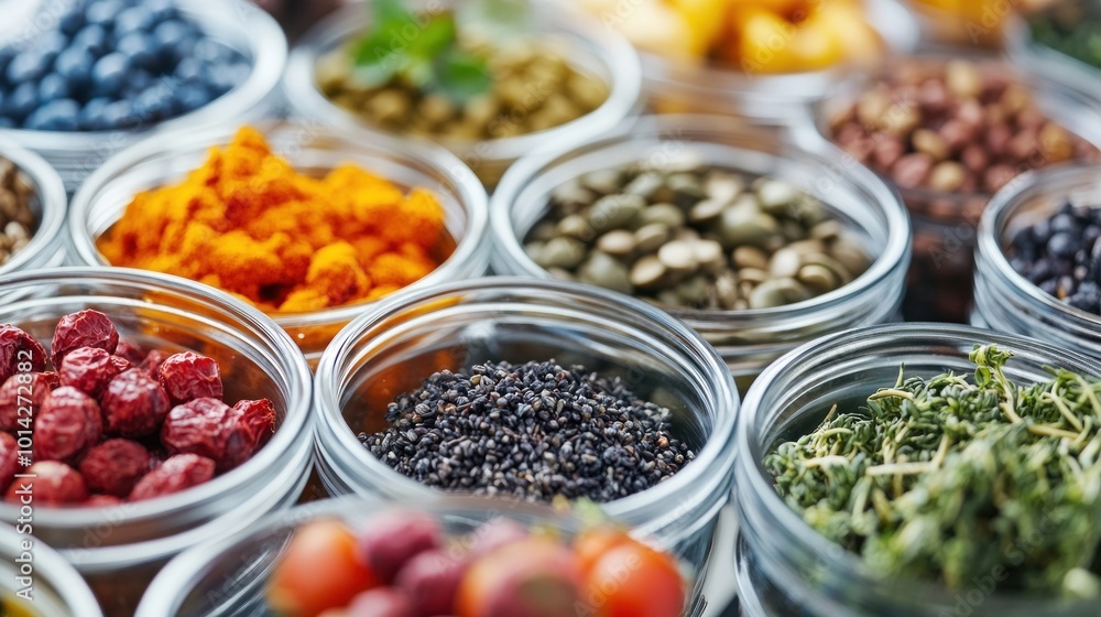 Assortment of Spices and Seeds in Glass Jars Assortment of Spices and Seeds in Glass Jars