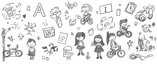 Cute doodle-style illustration with simple lines and shapes, featuring various school icons, along with children's drawings such as kids playing on playgrounds, girls holding flowers