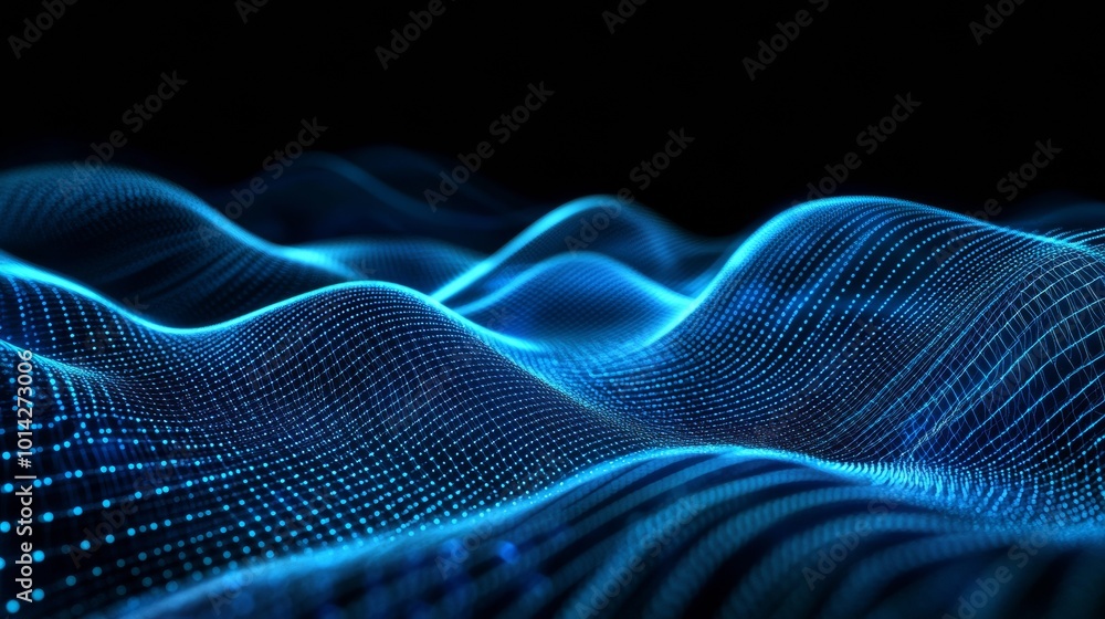Abstract 3d blue wave of glowing particles on a dark background Abstract 3d blue wave of glowing particles on a dark background