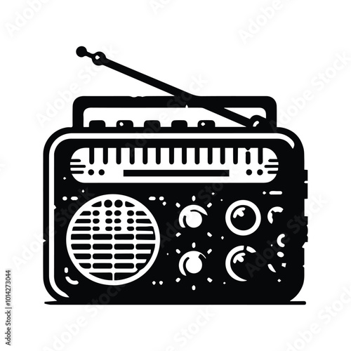 A vector illustration of a radio icon, featuring a classic design with antenna and speaker details