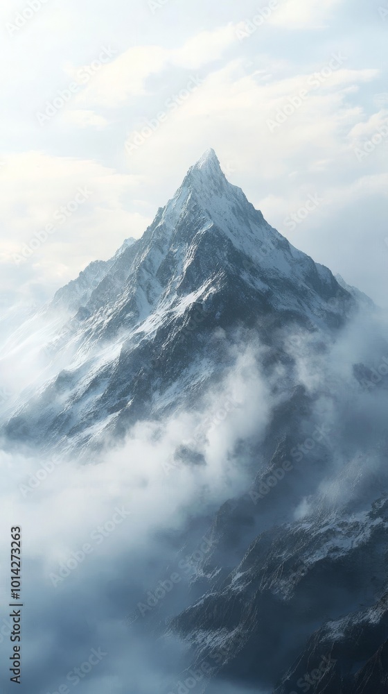 Majestic snow-covered mountain peak in clouds, serene atmosphere. Nature and tranquility concept Majestic snow-covered mountain peak in clouds, serene atmosphere. Nature and tranquility concept