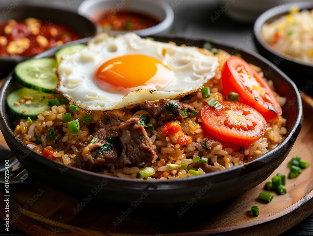 Delicious Fried Rice with Beef, Fried Egg, and Tomatoes Delicious Fried Rice with Beef, Fried Egg, and Tomatoes