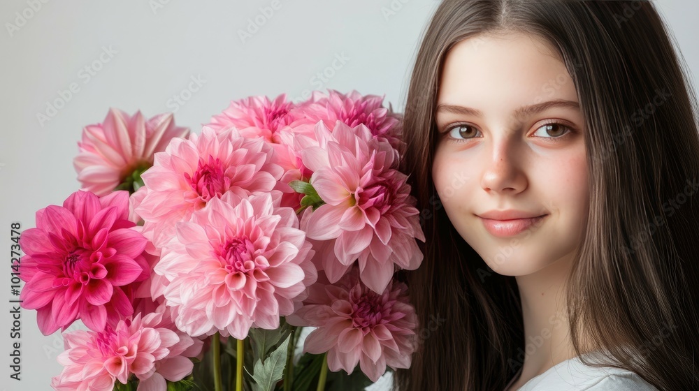 A young woman with long brown hair smiles while holding a bouquet of pink dahlias. A young woman with long brown hair smiles while holding a bouquet of pink dahlias.