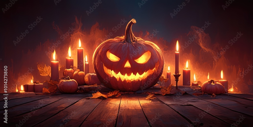 Fototapeta premium Scary Halloween Pumpkin on Wooden Planks Background