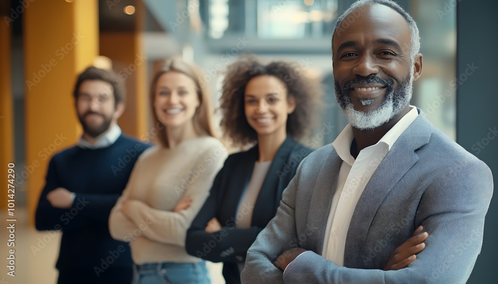 Confident Black Businessman with Team in Background Confident Black Businessman with Team in Background