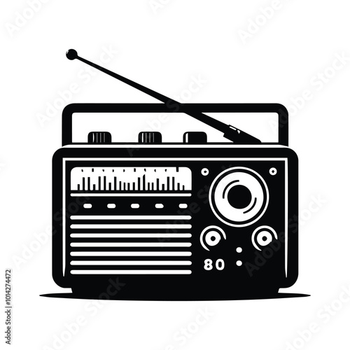 A vector illustration of a radio icon, featuring a classic design with antenna and speaker details