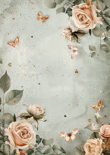 An elegant Quinceañera invitation back design with soft gray, sage green, and blush pink hues. Features roses, greenery, and golden butterflies for an enchanting, magical feel. Perfect for event 