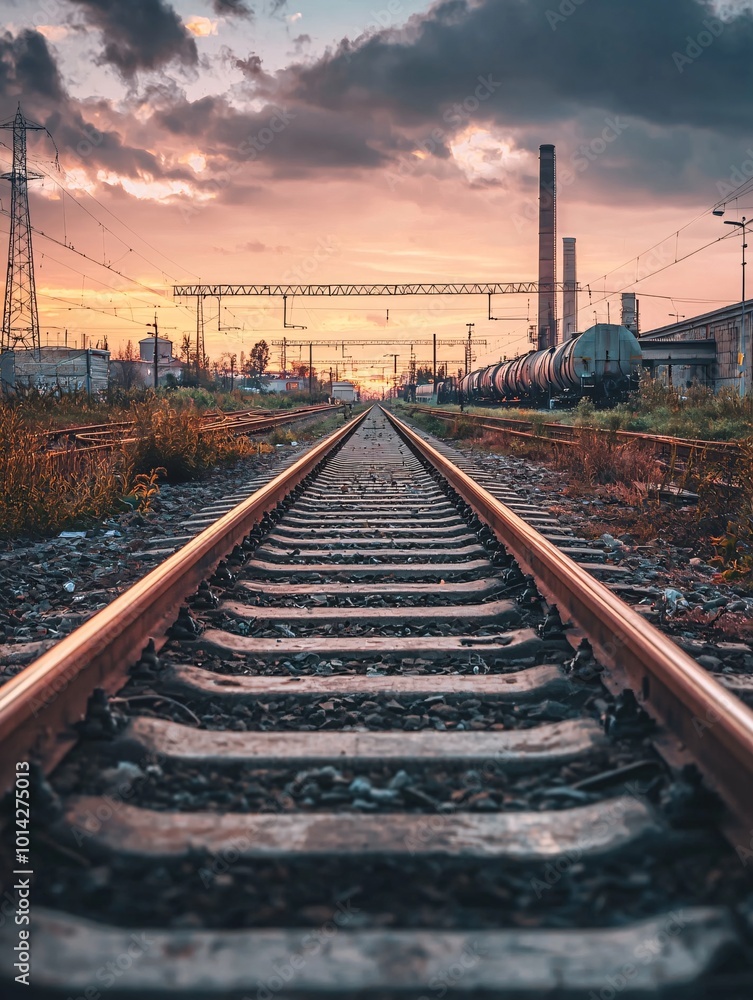 Endless rail lines weave through a blend of industrial buildings, symbolizing the link between urban landscapes and adventures ahead. Endless rail lines weave through a blend of industrial buildings, symbolizing the link between urban landscapes and adventures ahead.