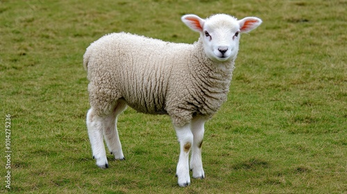 A young, white lamb stands in a grassy field, looking directly at the camera with its big, innocent eyes.