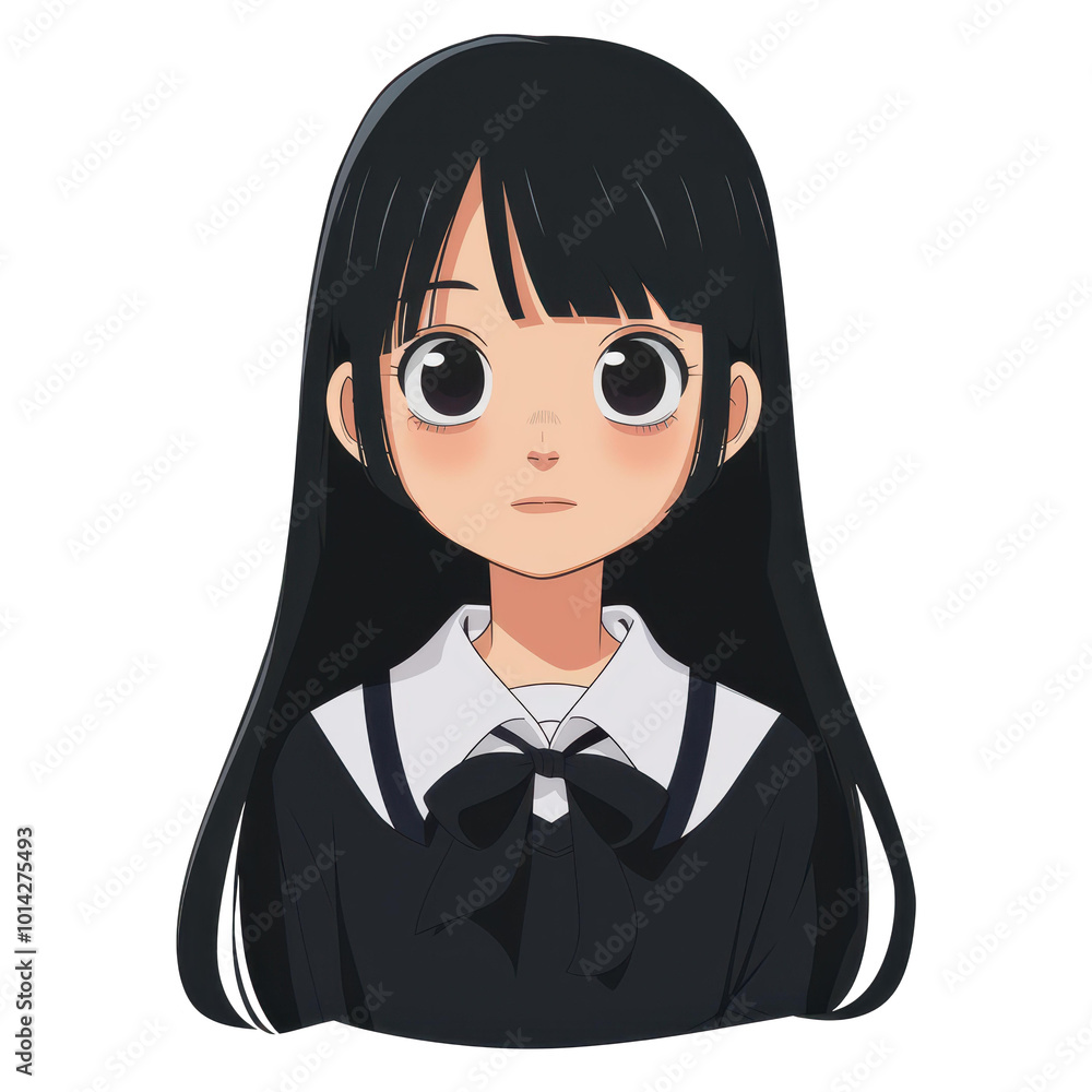 A vibrant sticker logo featuring a yearold girl with black hair in a school uniform on a simple background. A vibrant sticker logo featuring a yearold girl with black hair in a school uniform on a simple background.