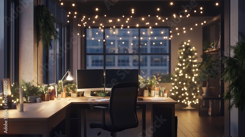 Office space with subtle Christmas decorations and cozy lighting, 3D illustration.