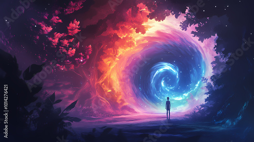 Describe a colorful, imaginative world with fantastic creatures, such as fairies, dragons or space creatures ai generated. Magical Forest Portal. Illustration